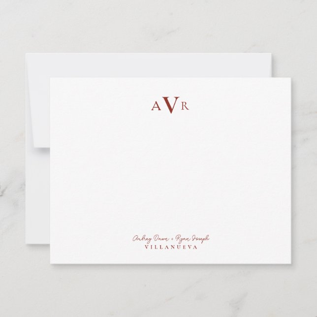 Classic Monogram Couple Red Custom Wedding Note Card (Front)