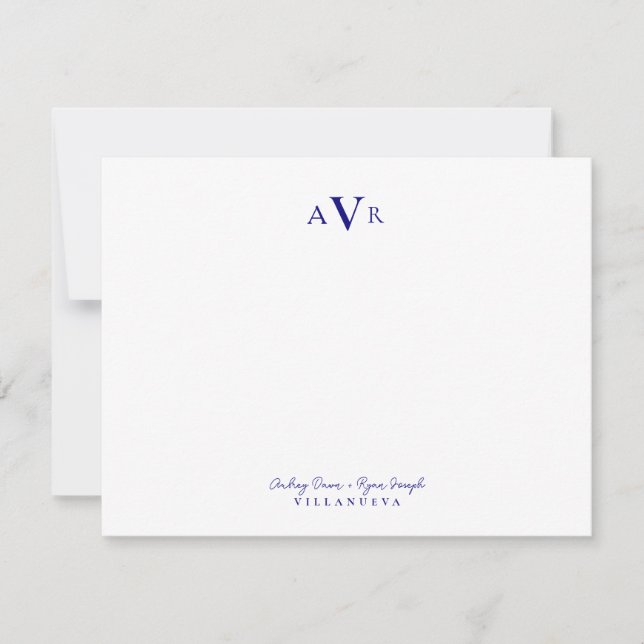 Classic Monogram Couple Royal Blue Custom Wedding Note Card (Front)