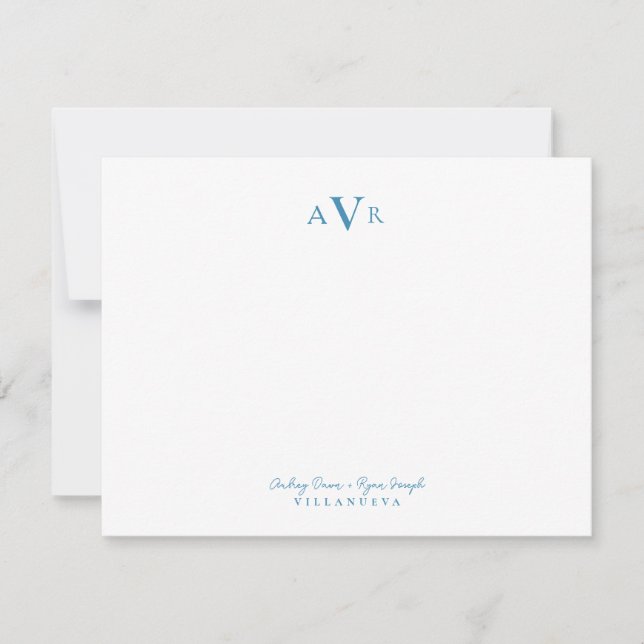 Classic Monogram Couple Teal Blue Custom Wedding Note Card (Front)