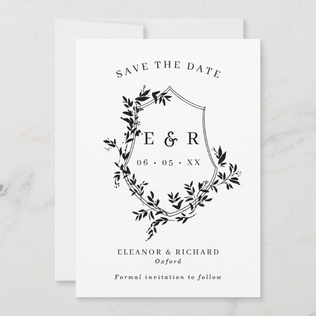 Classic Monogram Crest Black & White Wedding  Save The Date (Front)