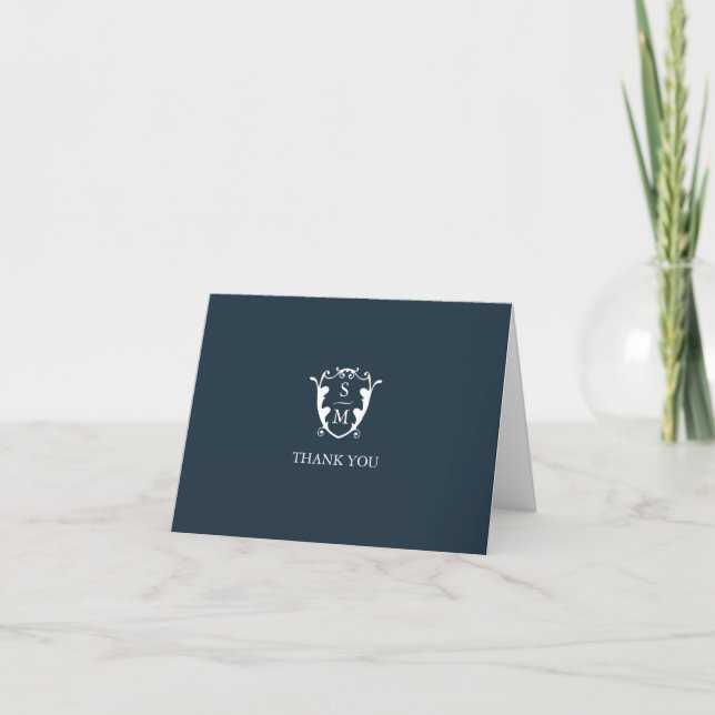 Classic Monogram Crest Blue Letterpress Thank You Card (Front)