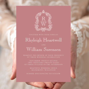 Classic Monogram Crest Dusty Rose Wedding Invitation