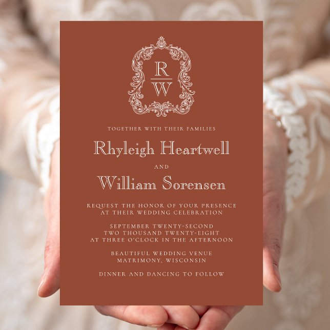 Classic Monogram Crest Terracotta Wedding Invitation (Creator Uploaded)
