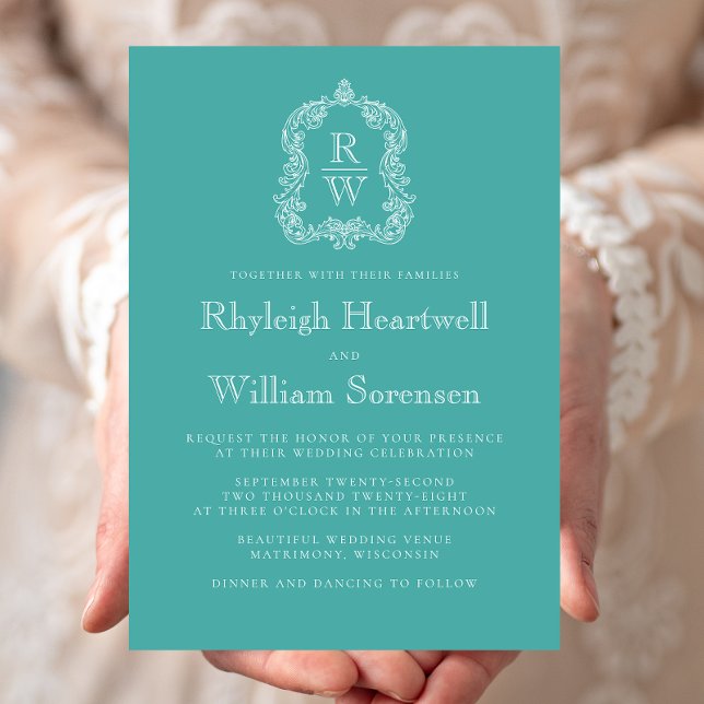 Classic Monogram Crest Turquoise Wedding Invitation (Creator Uploaded)