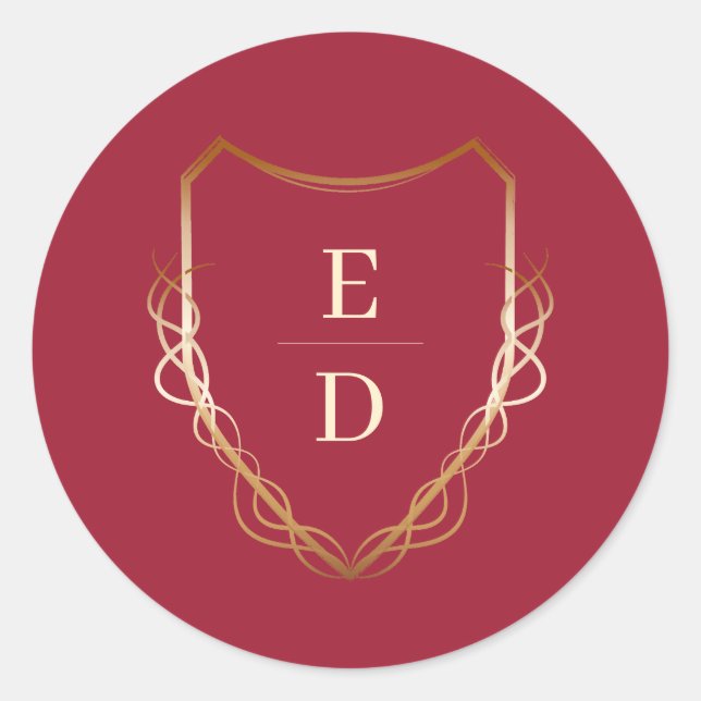 Classic Monogram Crimson Red Golden   Round Sticker (Front)