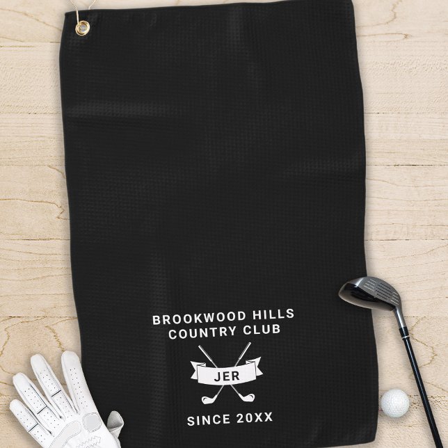 Classic Monogram Crossed Clubs Black and White Golf Towel (Creator Uploaded)