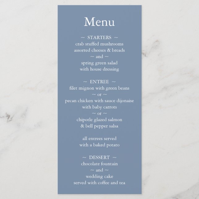 Classic Monogram Dusty Blue Wedding Menu (Front)