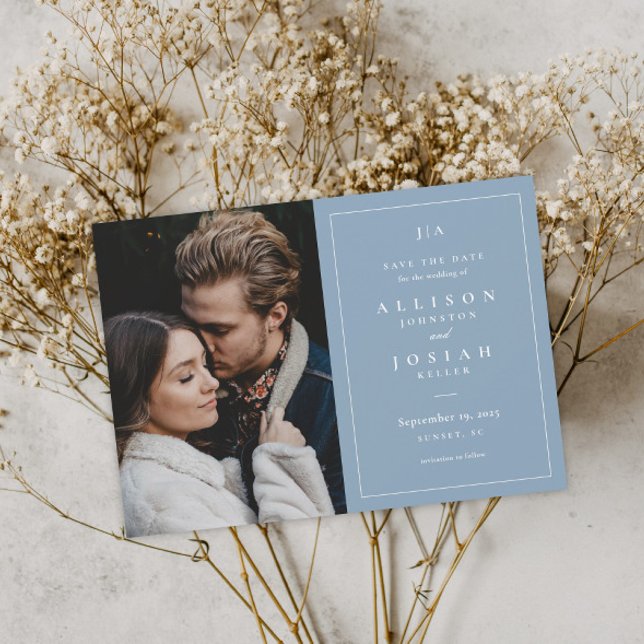 Classic Monogram Dusty Blue Wedding Photo Save The Date (Creator Uploaded)