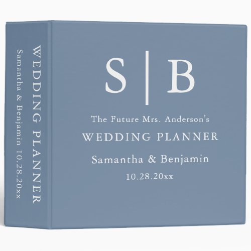 Classic Monogram Dusty Blue Wedding Planner 3 Ring Binder