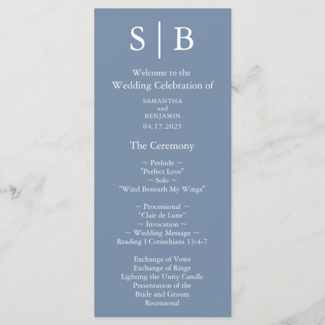 Classic Monogram Dusty Blue Wedding Program (Front)