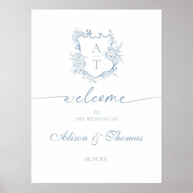 Classic Monogram Dusty Blue Wedding Welcome Poster (Front)