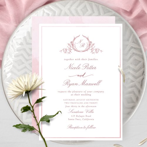Classic Monogram Dusty Rose Watercolor Wedding Invitation