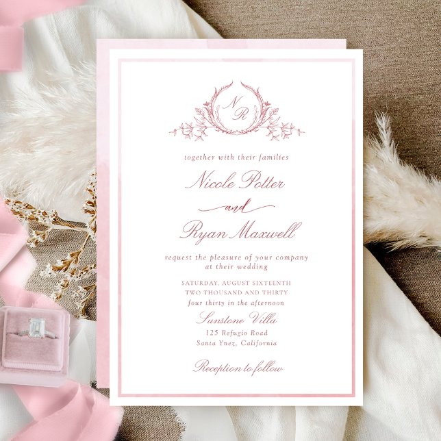 Classic Monogram Dusty Rose Watercolor Wedding Invitation (Creator Uploaded)