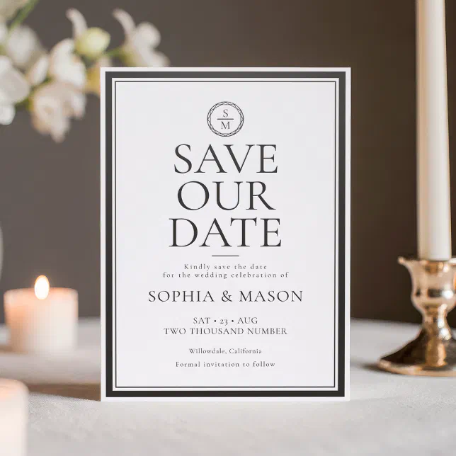 Classic Monogram Elegant Black White Save The Date Letterpress Photo ...