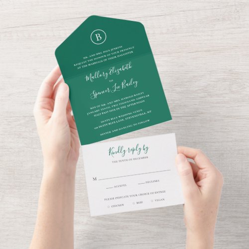 Classic Monogram Elegant Emerald Green Wedding All In One Invitation