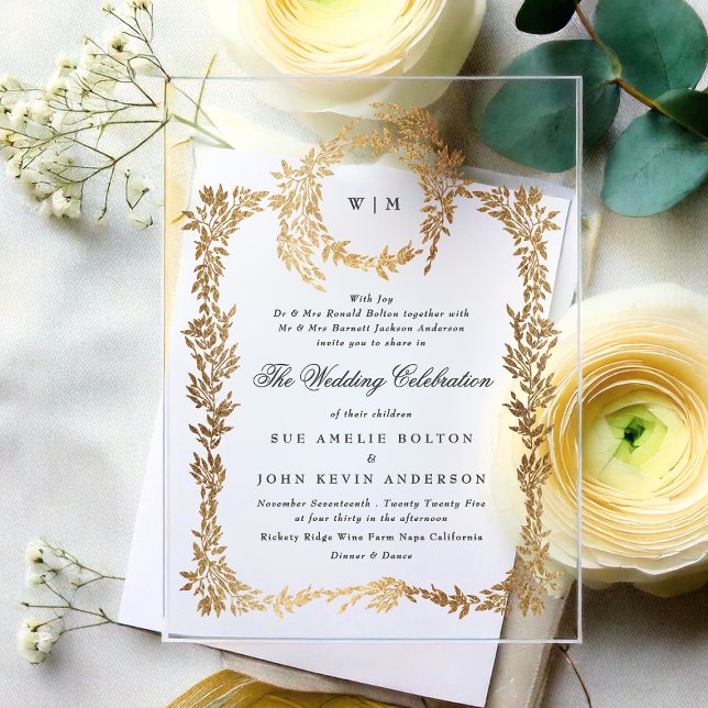 Classic Monogram Elegant Gold Crest Wreath Wedding Acrylic Invitations (Creator Uploaded)