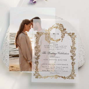 Classic Monogram Elegant Gold Crest Wreath Wedding Vellum Invitations