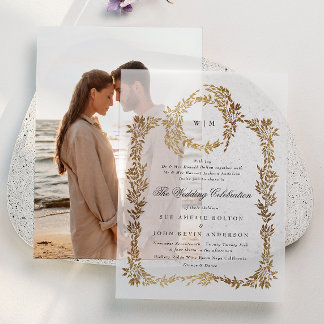 Classic Monogram Elegant Gold Crest Wreath Wedding Vellum Invitations
