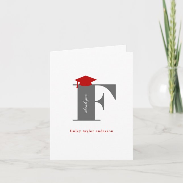 Classic Monogram F Graduation Cap Photo Modern Thank You Card (Front)