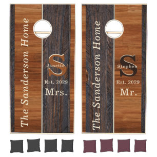 Classic Monogram Farmhouse wood stripe Mr Mrs Cornhole Set