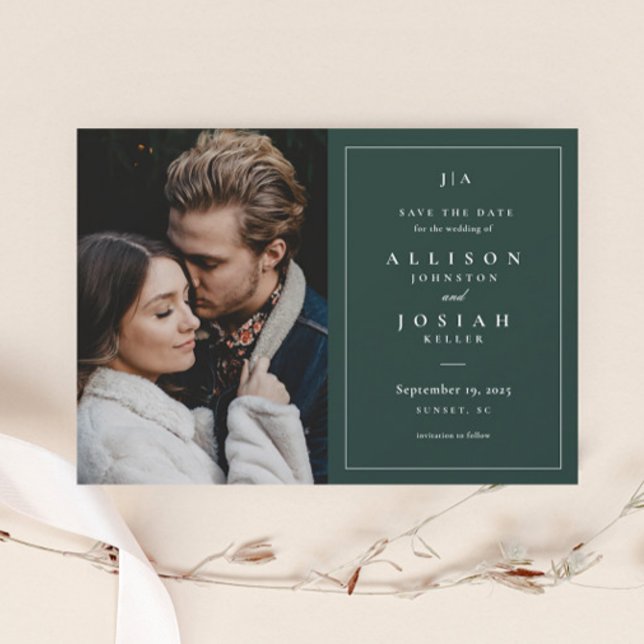 Classic Monogram Forest Green Wedding Photo Save The Date (Elegant Dark Green Photo Wedding Save the Date Invitation Card.)