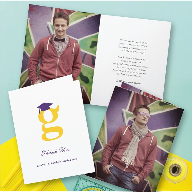 Classic Monogram G Graduation Cap Modern Photo Thank You Card (Classic Graduate's Monogram G Graduation Cap Modern Photo Thank You Card @ zazzle.com/color_therapy)