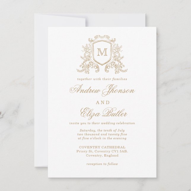 Classic Monogram Gold and White Wedding Invitation (Front)