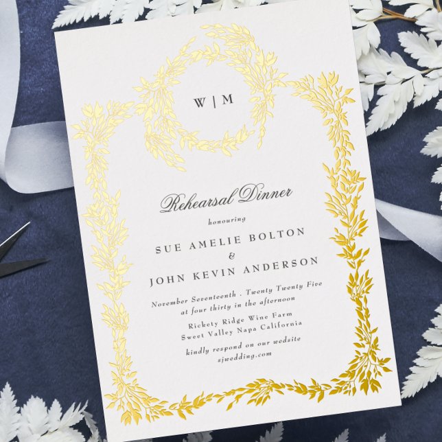 Classic Monogram Gold Crest Rehearsal Dinner Foil Invitation (Creator Uploaded)
