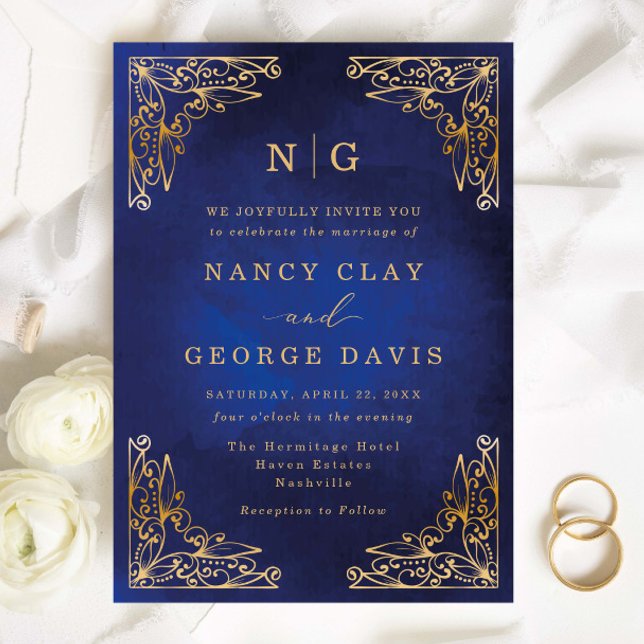 Classic Monogram Gold Frame Ornate Blue Wedding Invitation (Creator Uploaded)