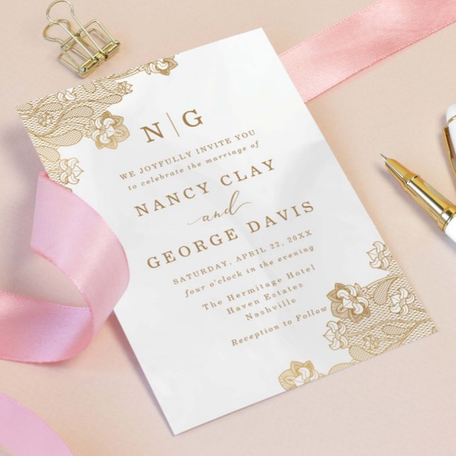 Classic Monogram Gold Lace Ornate Cream Wedding Invitation (Creator Uploaded)