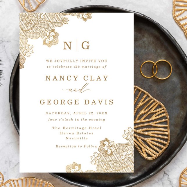 Classic Monogram Gold Lace Ornate White Wedding Invitation (Creator Uploaded)