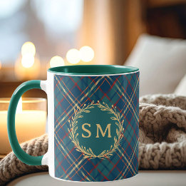 Classic Monogram Gold Wreath Green Tartan Plaid Mug