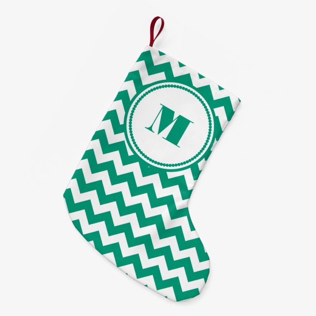 Classic Monogram Green Chevron Pattern Small Christmas Stocking (Front (Hanging))