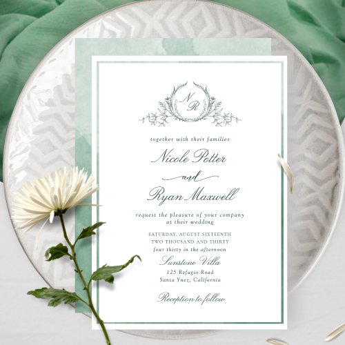 Classic Monogram Green Watercolor Wedding Invitation