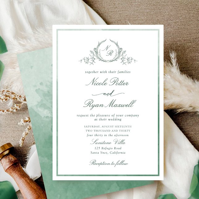 Classic Monogram Green Watercolor Wedding Invitation (Creator Uploaded)