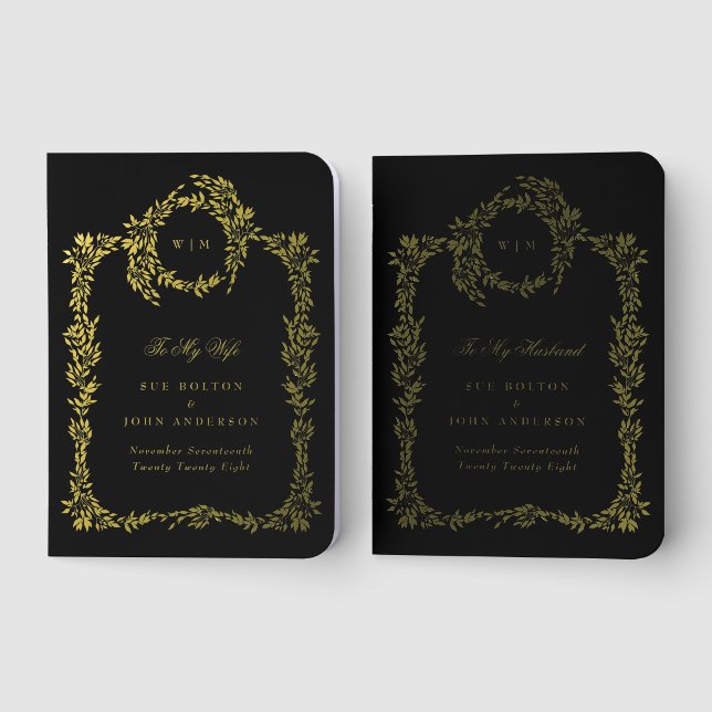 Classic Monogram His & Hers Gold Wreath Wedding Foil Vow Books (Front)