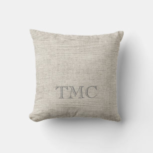 Classic Monogram INITIALS Neutral Linen Fabric Throw Pillow