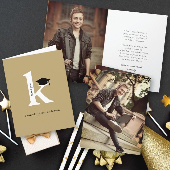 Classic Monogram K Graduation Cap Photo Modern Thank You Card (Classic Monogram K Graduation Cap Modern Thank You Photo Folded Card @ zazzle.com/color_therapy)
