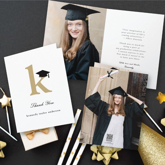 Classic Monogram K Graduation Cap Photo Modern Thank You Card (Classic Monogram K Graduation Cap Modern Thank You Photo Folded Card @ zazzle.com/color_therapy)