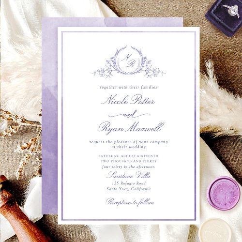 Classic Monogram Lavender Watercolor Wedding Invitation