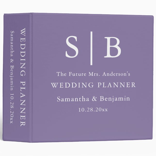 Classic Monogram Lavender Wedding Planner 3 Ring Binder (Front/Spine)