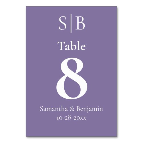 Classic Monogram Lavender Wedding Table Number