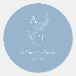 Classic Monogram Leaf Wedding Dusty Blue Envelope Round Sticker