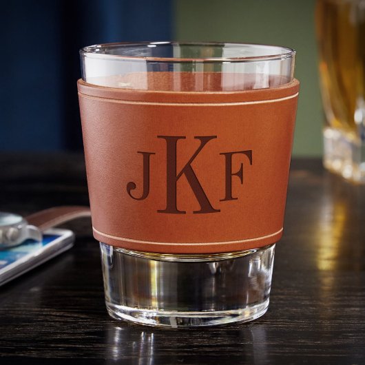 Classic Monogram Leather Wrapped Whiskey Glass (Front)