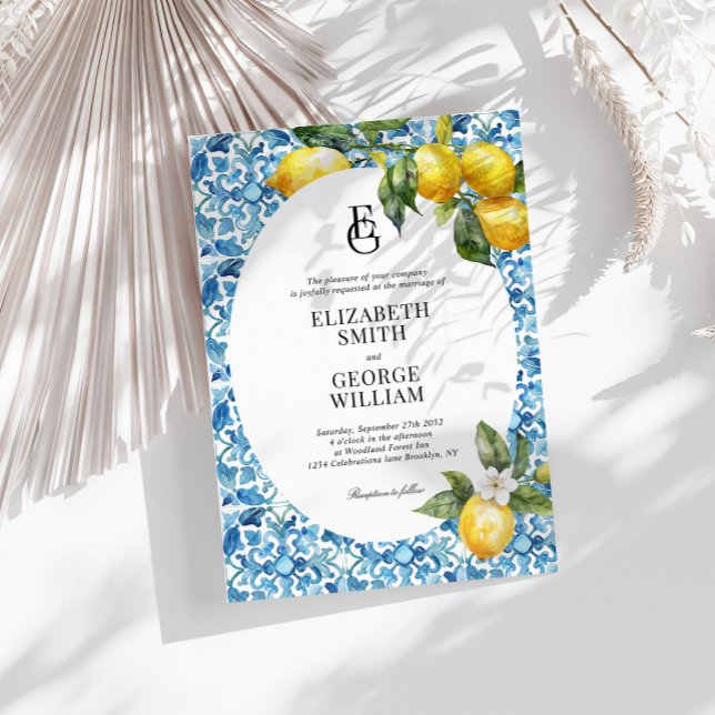 Classic Monogram Lemon Blue Mediterranean Wedding Invitation (Creator Uploaded)