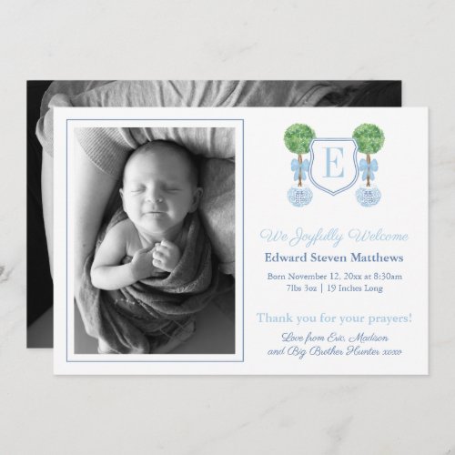 Classic Monogram Light Blue Baby Boy Picture Birth Announcement