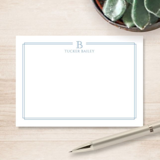 Classic Monogram Light Blue Border Stationery Note Card (Creator Uploaded)
