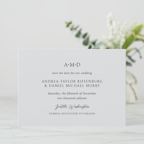 Classic Monogram Light Gray Formal Elegant Wedding Save The Date