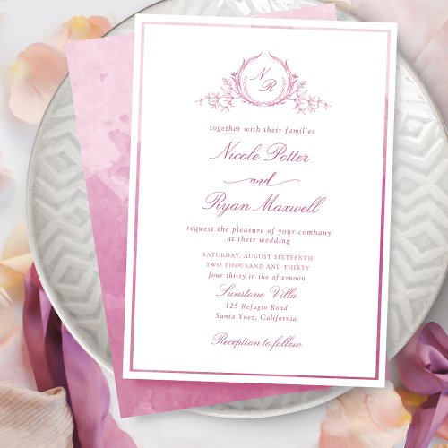 Classic Monogram Mauve Pink Watercolor Wedding Invitation