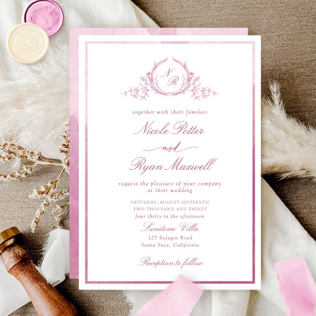 Classic Monogram Mauve Pink Watercolor Wedding Invitation (Creator Uploaded)